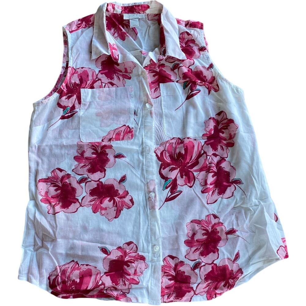 EUC Ann Taylor Loft Petite Sleeveless Button Up Floral Shirt White Women's Sz XS